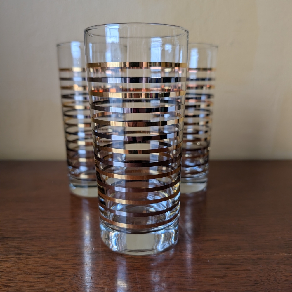 MCM Set Of 3 Silver And Gold Striped Highball Glasses - Picture 3 of 5